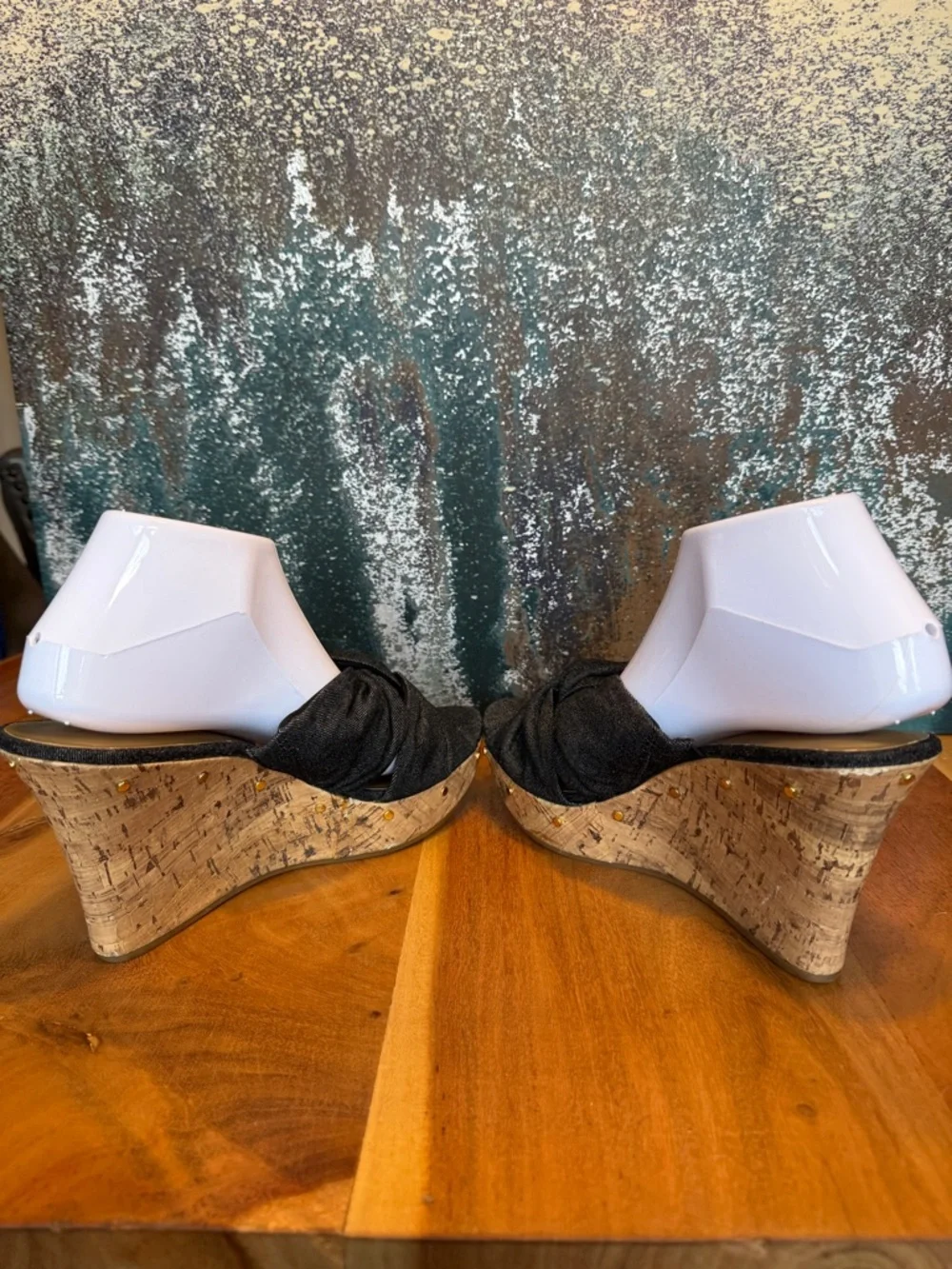 Dana‎ Buchman 2010s Classic Black Denim Cork Wedge Sandals (GUC)